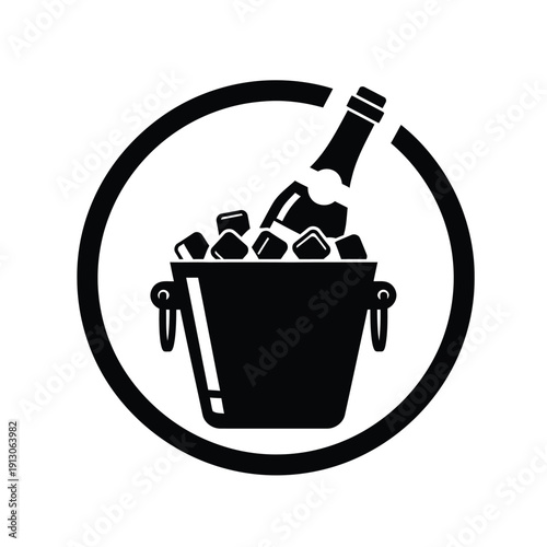 Vector illustration icon black and white illustration of a champagne bucket with ice and bottle inside a circle
