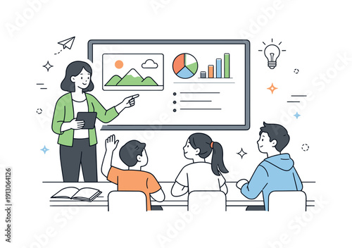 Classroom technology in use. A teacher and students interacting with a digital board, calmly reviewing visual materials together. The scene