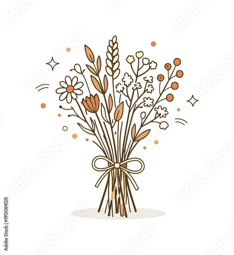    Dried flowers bundle. A loosely bundled group of dried wildflowers shown with fine detail and floating abstract dots, creating a rustic yet