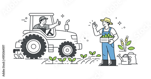   Agricultural workers and mechanizers. Tractor driver and field worker exchanging signals near crops and equipment. Quiet teamwork and