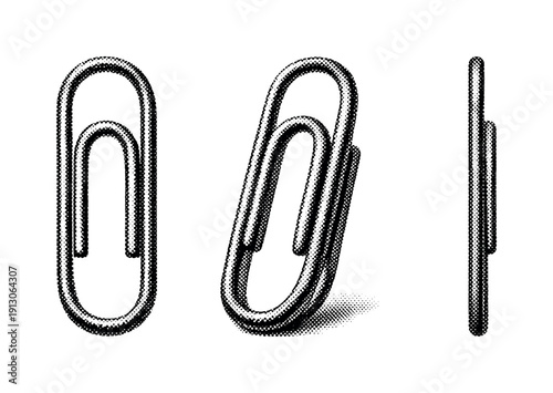    Office supply paper clip metal loop shown as a single object in front view, rotated three-quarter view, and side profile view. Black and