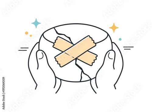   Repair tape aesthetics. Close-up of a cracked object gently held together with visible tape, overlapping pieces forming a soft X pattern.