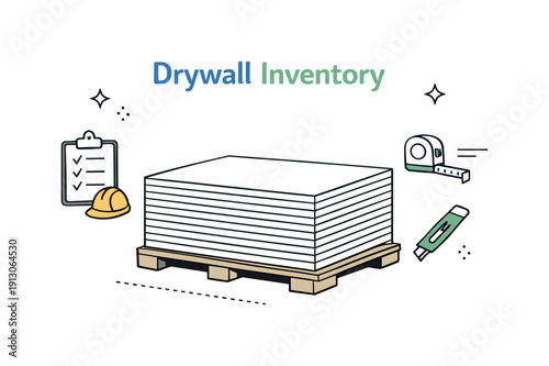 Drywall material inventory. Uniform sheets stacked with visible edges, highlighting construction materials management. Minimal decorative