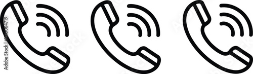 Black line art telephone handset icons with ringing signal waves representing customer support telecommunications and voice call service