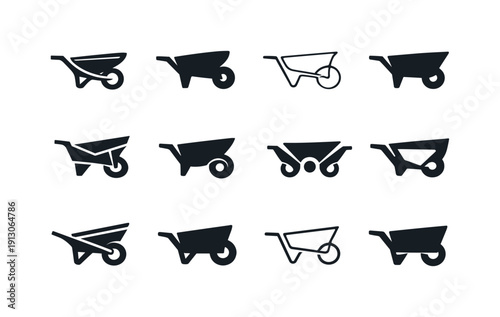    Wheelbarrow. Icon set. Set Logo of Wheelbarrow: minimalist wheelbarrow emblem. harmonious logo variations of the same emblematic concept,