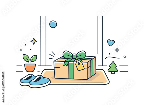 Gift delivery at home. Package placed near the door ready to be opened, calm cozy holiday mood. Shoes, box, and gentle decorative shapes