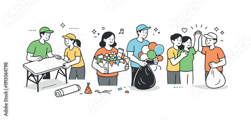    Spring festival wrap-up. Volunteers folding tables, picking up decorations, and sharing a moment of satisfaction after a successful event.