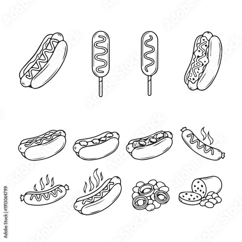 Hot Dog Icons Collection: Various Styles and Toppings, Line Art