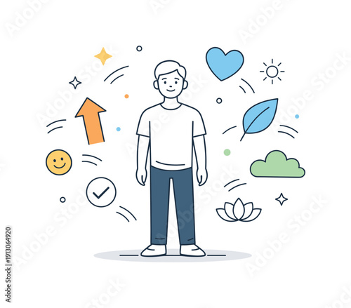 Mental health and emotional resilience achievements. A calm character standing steadily with a gentle smile, abstract shapes lifting upward