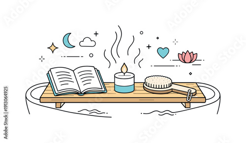 Tranquil Bath Setup. Relaxing bath routine. Wooden tray across a bathtub holding brush, candle, and open book, with light steam lines and abstract calm