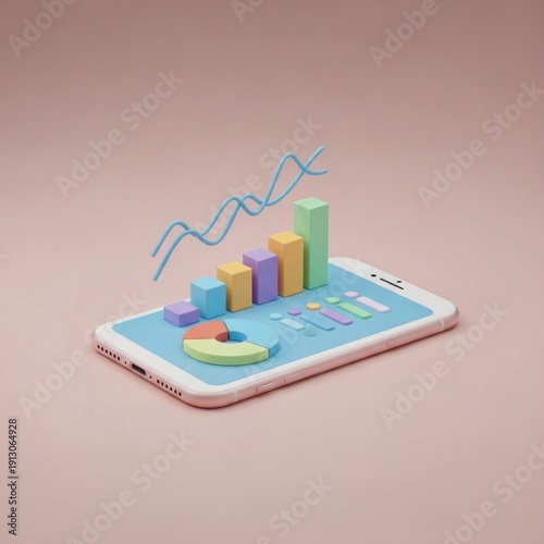 Wallpaper Mural Pastel isometric phone displaying bar, pie, and line graphs on a pink background Torontodigital.ca