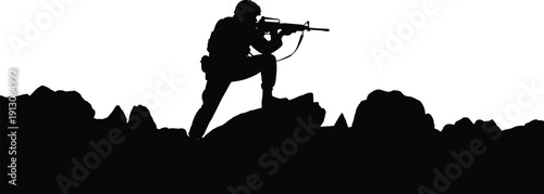 Military sniper silhouette, armed soldier aiming rifle from rocky terrain, tactical combat vigilance, battlefield overwatch position, isolated black illustration, concept