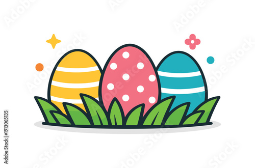 Easter eggs decoration minimal eggs with stripes and dots standing upright in grass-like shapes, symbolizing spring renewal and playful