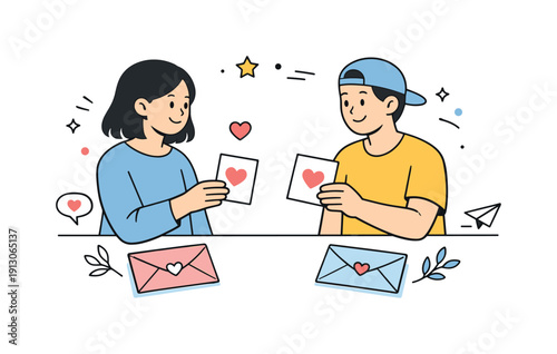   Valentine cards for friends. A pair of friends exchanging cards with simple gestures of appreciation and gratitude. Minimal editorial scene