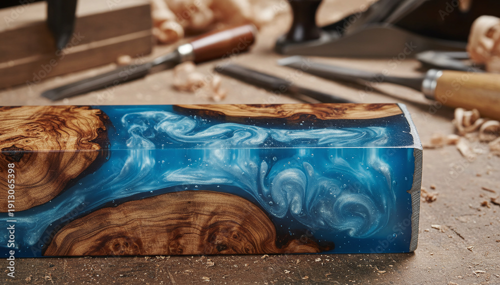 Fototapeta premium Hybrid stabilized wood burl texture with translucent blue epoxy resin