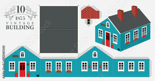 A wooden Scandinavian of American house in blue color. Vector mockup for paper. Cute vintage Christmas toy house. No ai