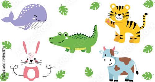 Cute Cartoon Animal Vector Set with Tiger, Bunny, Crocodile, Whale and Cow in Playful Nursery Style Illustration