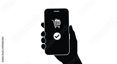 Hand holding smartphone confirming successful mobile e-commerce purchase with checkout icon