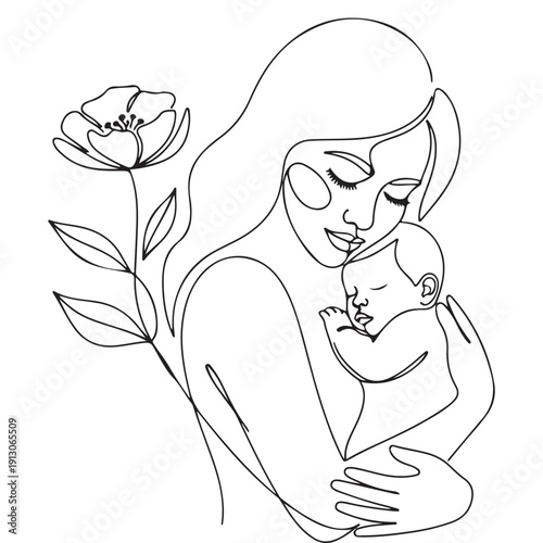 Warm and intimate portrait of a mother holding her sleeping baby, rendered in elegant single line art.