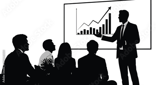 Businessman silhouette presenting upward trending bar chart data to attentive audience members in a meeting