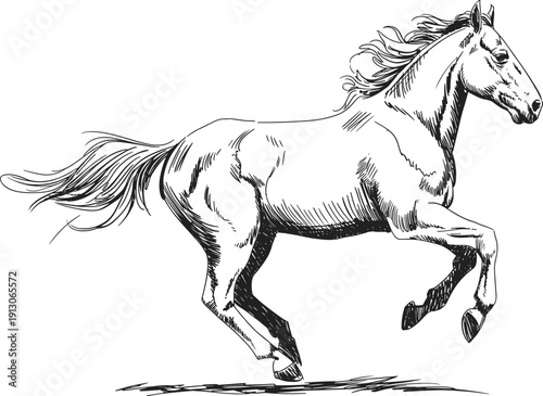 Detailed black and white hand drawn sketch of a majestic horse galloping with a flowing mane and tail for vintage nature equestrian sports and biological branding,