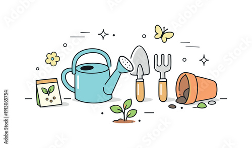 Spring Gardening Tools. Spring gardening tools. A calm editorial scene with simple hand tools like a trowel, rake, and watering can neatly arranged in space.