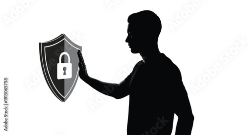 Silhouette of a man stopping a virtual digital security shield protecting sensitive data with a padlock