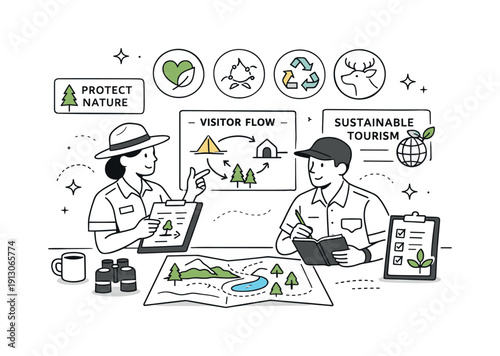 Managing tourism impact. Park rangers or planners review maps and visitor flow diagrams to protect nature. Prevention, care, and sustainable