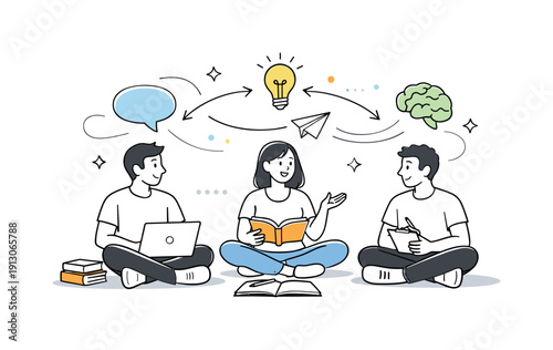 Collaborative study session. Students sitting on the floor with books and laptops, calm gestures and abstract shapes showing flow of ideas.