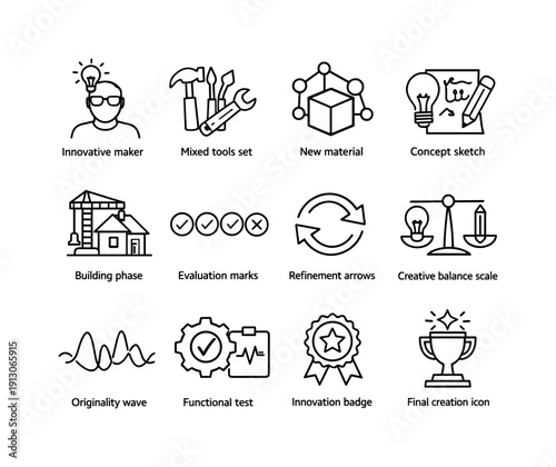   Crafting Innovation. Line outline icon set of Crafting Innovation: innovative maker, mixed