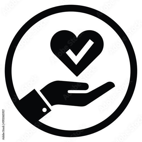 Vector illustration icon black and white icon of a hand holding a heart with a checkmark inside a circle