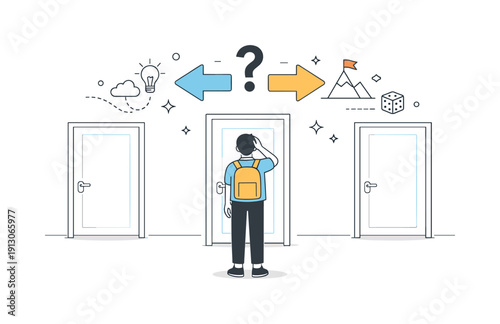    Decision behind closed doors. A corridor with multiple identical closed doors, and a person facing one with uncertainty. The illustration
