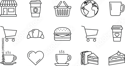 Food and beverage icons set with coffee cups, croissant, hamburger, cake, sandwich, mug, shopping cart, basket, storefront, globe