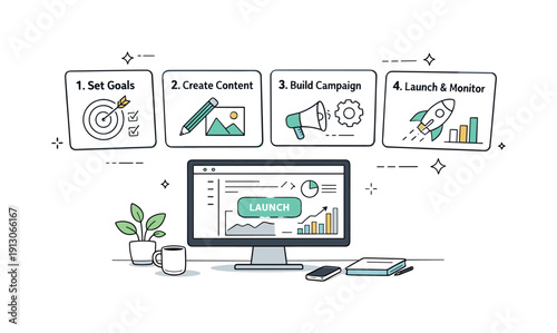 Launching a promotion step by step. A calm workspace with instruction cards floating in logical order above a screen. The mood highlights