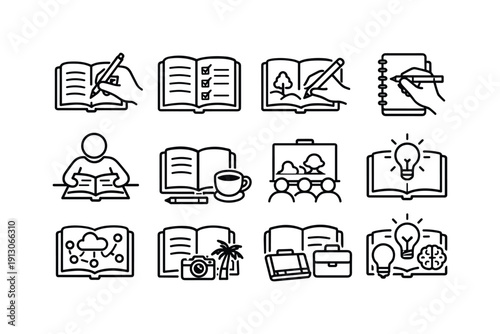 Notebook Usage. Line icon set of Notebook Usage: writing in notebook, notebook with checklist, sketching in notebook, note taking moment,