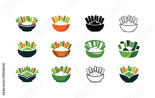Healthy Snacks Icons. Healthy snacks. Icon set. Set Logo of Healthy snacks: veggie sticks and dip. harmonious logo variations of the same emblematic concept,