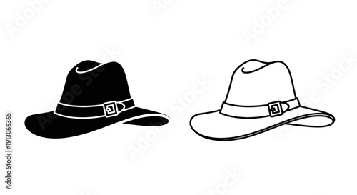 Two black and white hats with ribbons and buckles, vintage style, minimalist design Vector