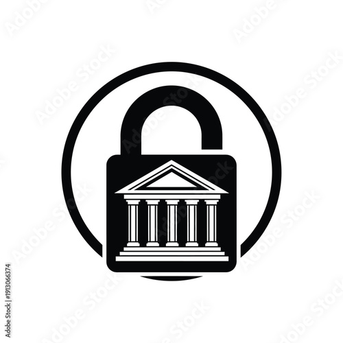 Vector illustration icon black and white icon of a bank building with a padlock symbolizing security and protection