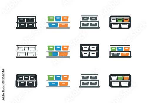    Organizing fridge shelves. Icon set. Set Logo of Organizing fridge shelves: fridge shelf with labeled bins. harmonious logo variations of the