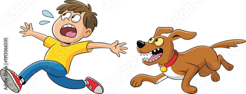 Funny cartoon illustration of a scared young boy running away from a barking brown dog for children education safety pet behavior and animal branding,
