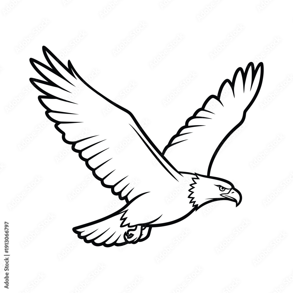 Fototapeta premium Black and white illustration of an eagle in flight with outstretched wings on plain background