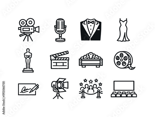 Cinema Icon Set. Cinema Legends. Line icon set of Cinema Legends: classic film camera, vintage microphone, black tie suit, evening gown, film award statue,