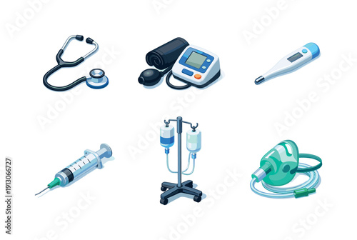    Medical equipment. Isometric flat vector icons set of medical equipment: stethoscope, blood pressure monitor, thermometer, syringe, IV drip