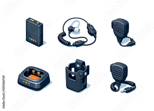 Radio accessories. Isometric flat vector icons set of radio accessories: spare battery pack, earpiece headset, shoulder lapel mic, heavy-duty