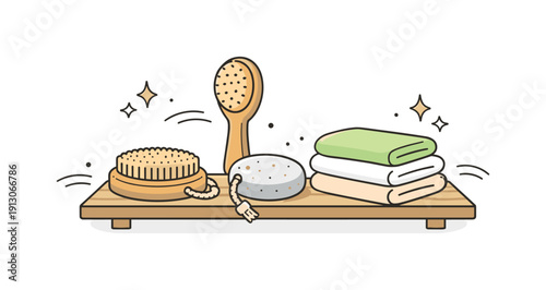 Wooden Spa Essentials. Spa shelf with wooden tools. A simple shelf with wooden bath accessories like a massage brush, pumice stone, and folded