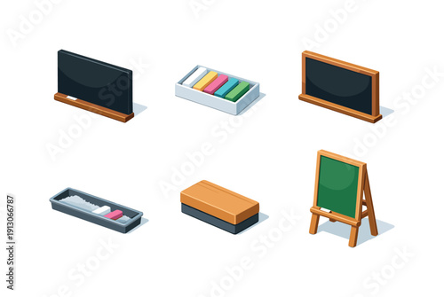 Colorful Chalkboard Icons. Chalkboard Set. Isometric flat vector icons set of Chalkboard Set: clean blackboard surface, multicolored chalk set, framed board