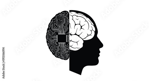 Silhouette of a human head showing the duality between biological brain and digital microchip technology