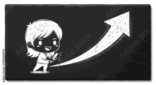 Cute cartoon girl with a chalk drawing of an upward arrow, representing growth, progress, and success on a blackboard.