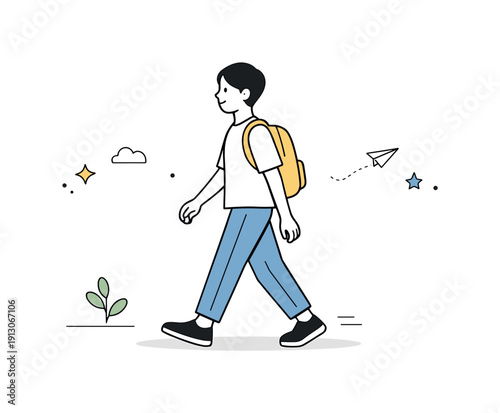 Calmer walking pace. A person walking through open space with minimal background elements. Emphasis on movement, calm timing,