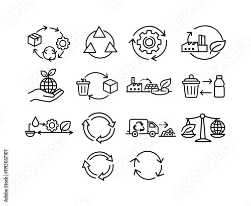    Circular Economy Concept. Line icon set of Circular Economy Concept: product lifecycle loop, reuse cycle arrows, remanufacturing symbol,